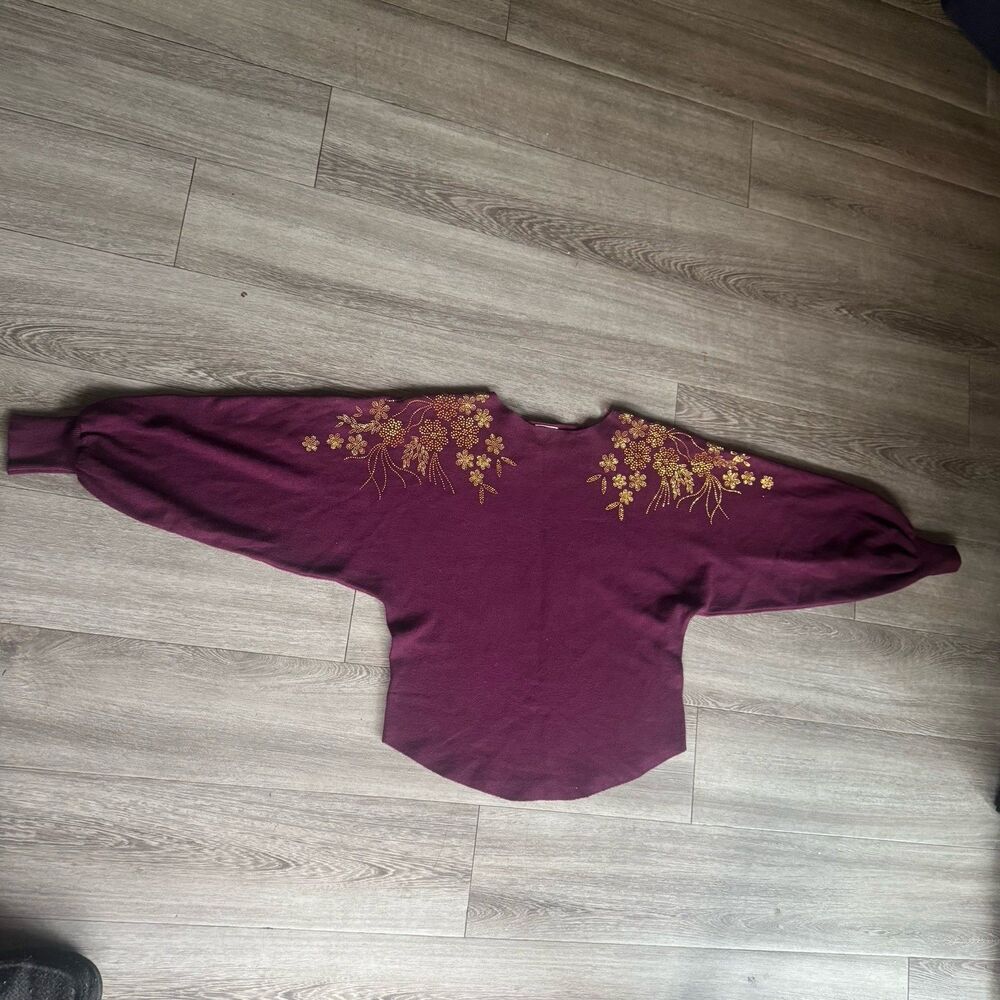 Luna Dolman Sleeve Embellished Pullover Sweater Studded Purple Rounded Hem Sz S - Picture 14 of 15